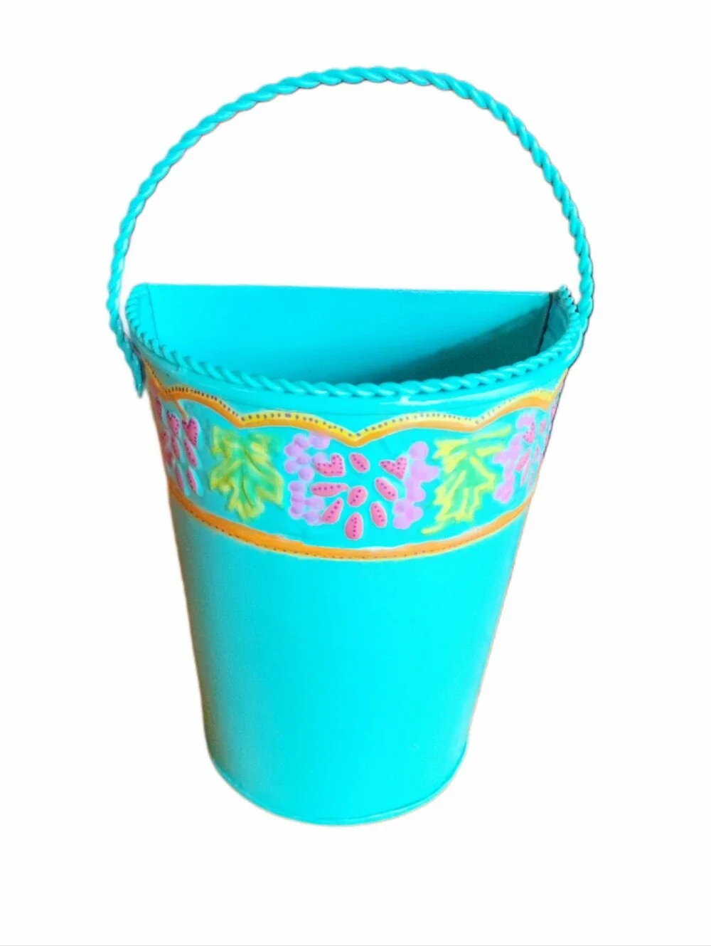 Teal Hand Painted Upcycled Hanging Metal Planter Bucket